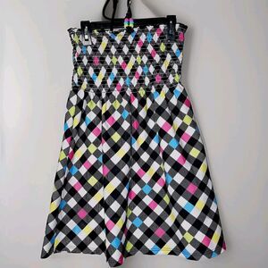 90s Style Halter Mini Dress Sz M Save By The Bell Colors Ruched Chest Beaded Tie